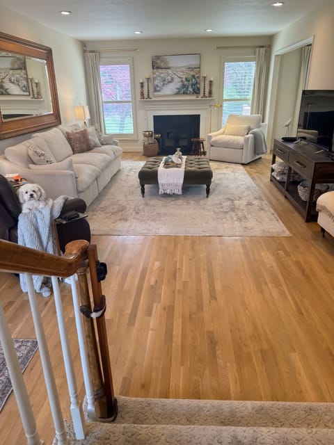 Refinished white oak hardwood floor in a Kansas City metro living room