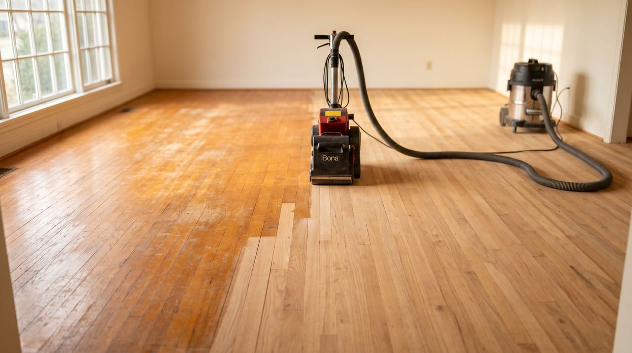 Refinished hardwood floor in a Kansas City metro home, warm amber tones in natural light
