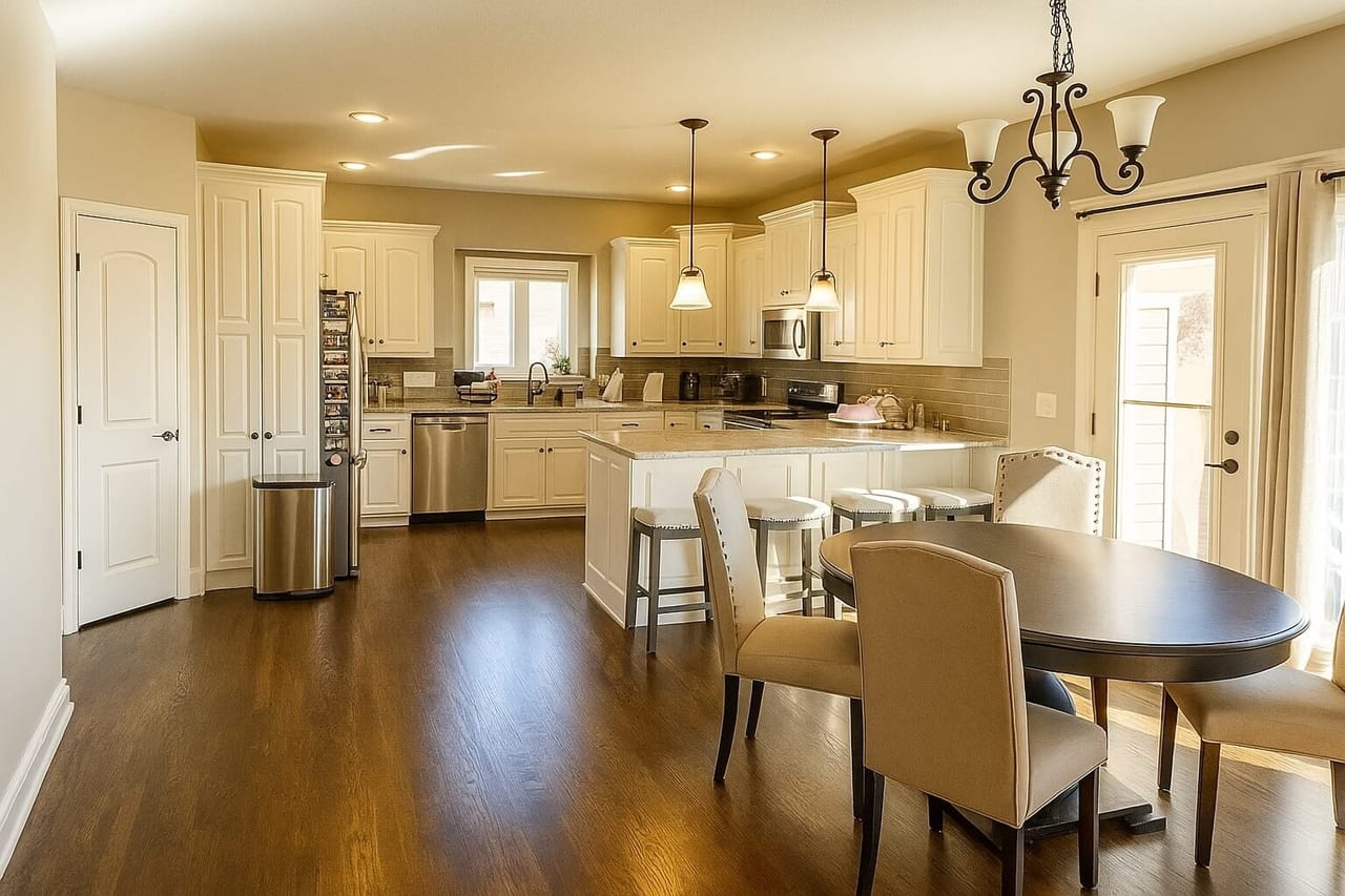 Kitchen and dining area with refinished dark hardwood floors, cream cabinets, an island with stools, and a round table by the patio door